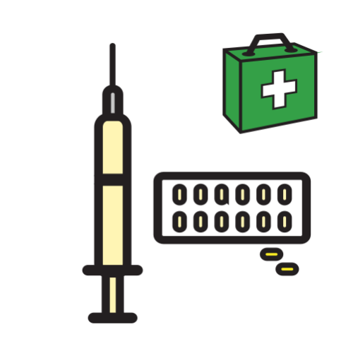 syringe and pills
